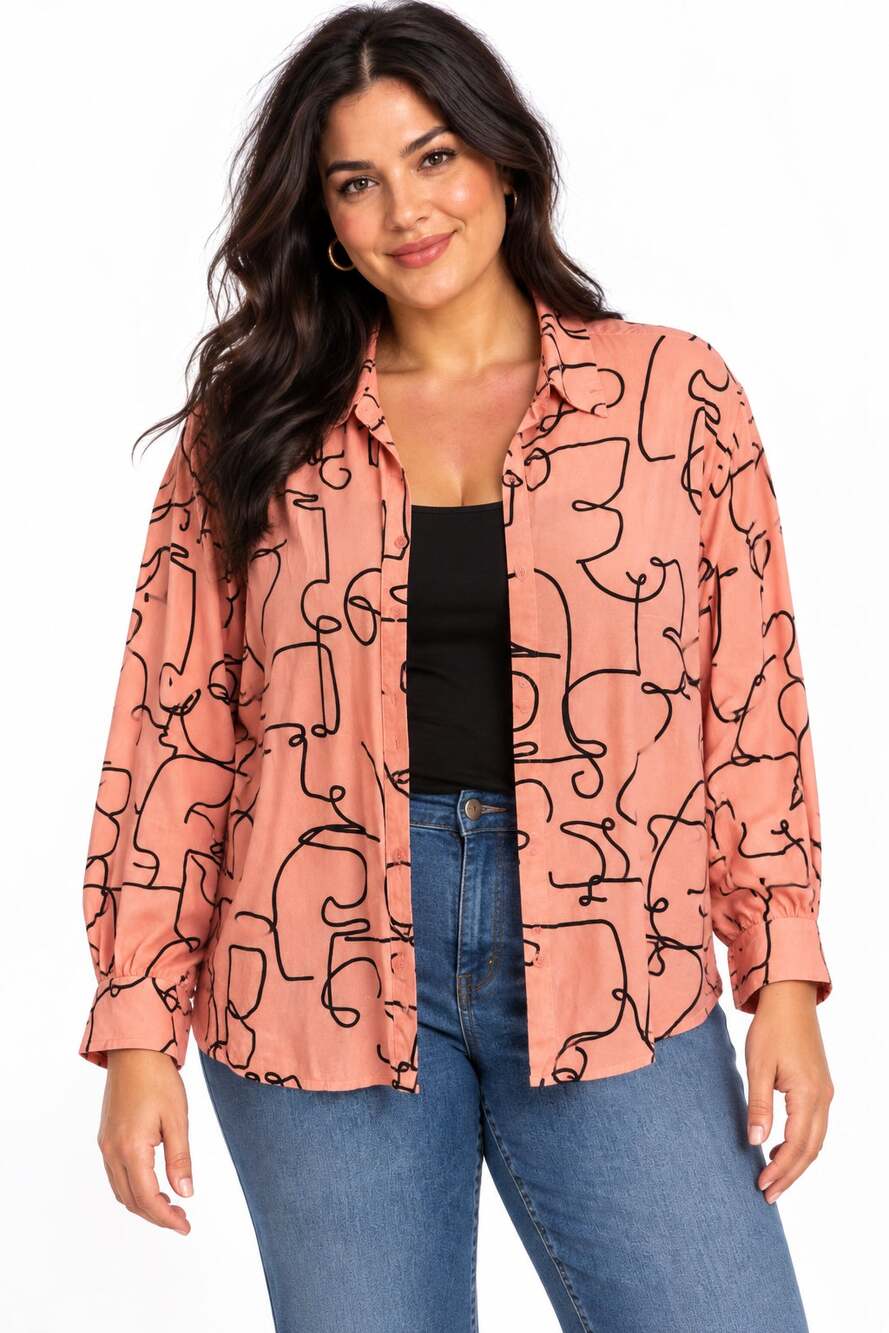 Eloquii Swirl Doodle Button Top Womens Size 20 Pink Black Relaxed Artsy Shirt 2X